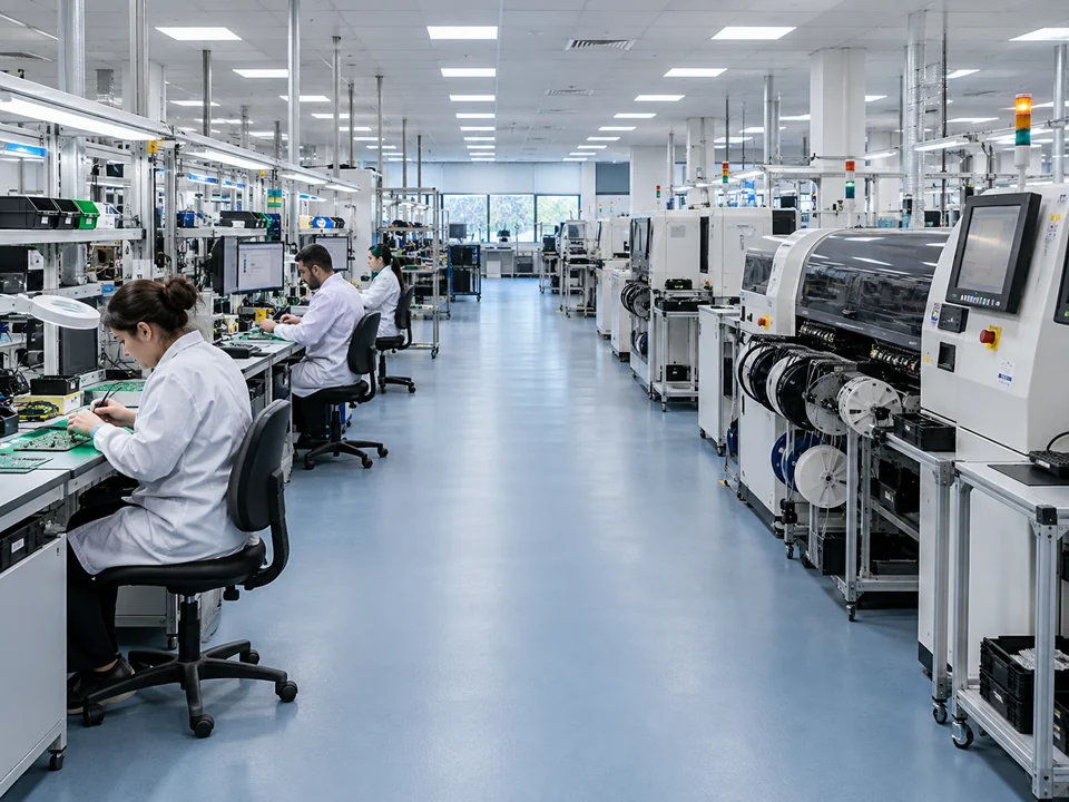 ESD kontrolü gereken elektronik üretim hattında personel çalışma alanı