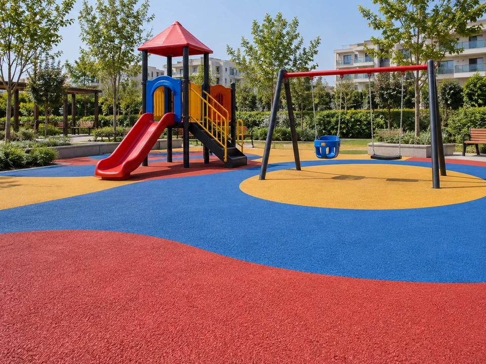 Renkli kauçuk zeminli açık oyun alanı