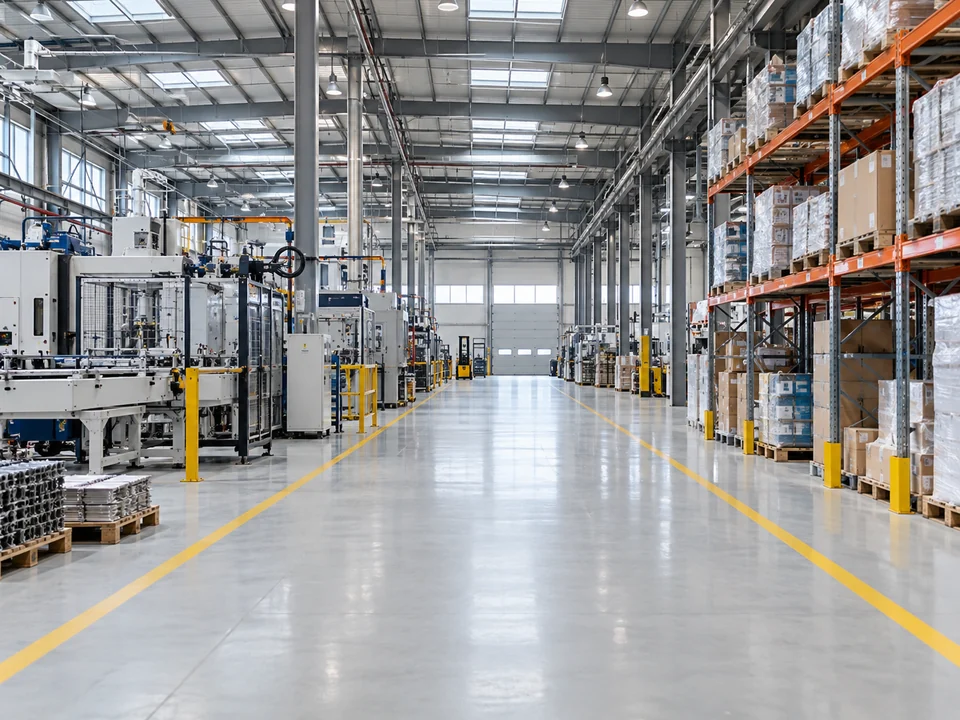 Fabrika içinde raflar, üretim ekipmanları ve belirgin bir sürüş koridoru
