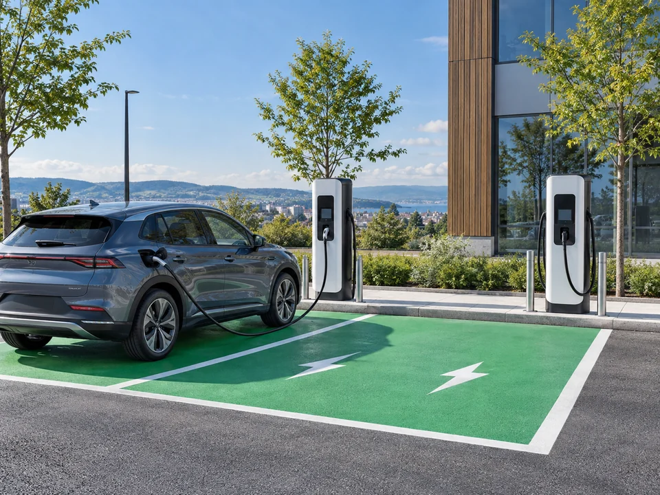 Yeşil boyalı elektrikli araç park cepleri, beyaz işaretler ve şarj üniteleri