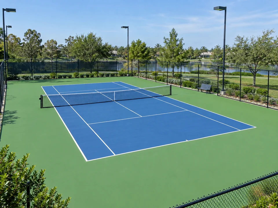 Tam saha çizgileri ve çevre alanı görülen tenis kortu