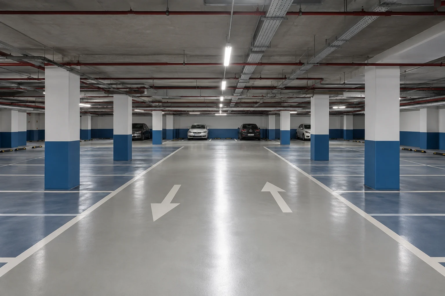 Gri sürüş yolu ve belirgin park cepleri bulunan kapalı otopark
