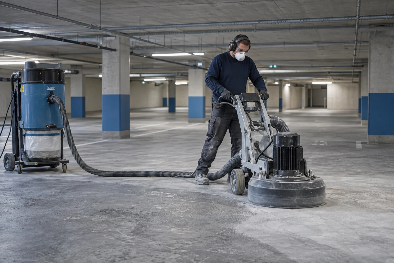 Vakuma bağlı taşlama makinesiyle beton zeminin mekanik olarak hazırlanması