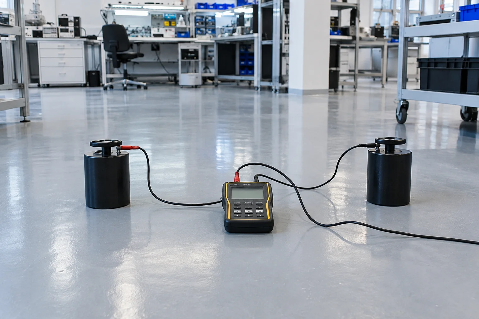 Antistatik zeminde ağırlıklı elektrotlar ve ölçüm cihazıyla direnç kontrolü