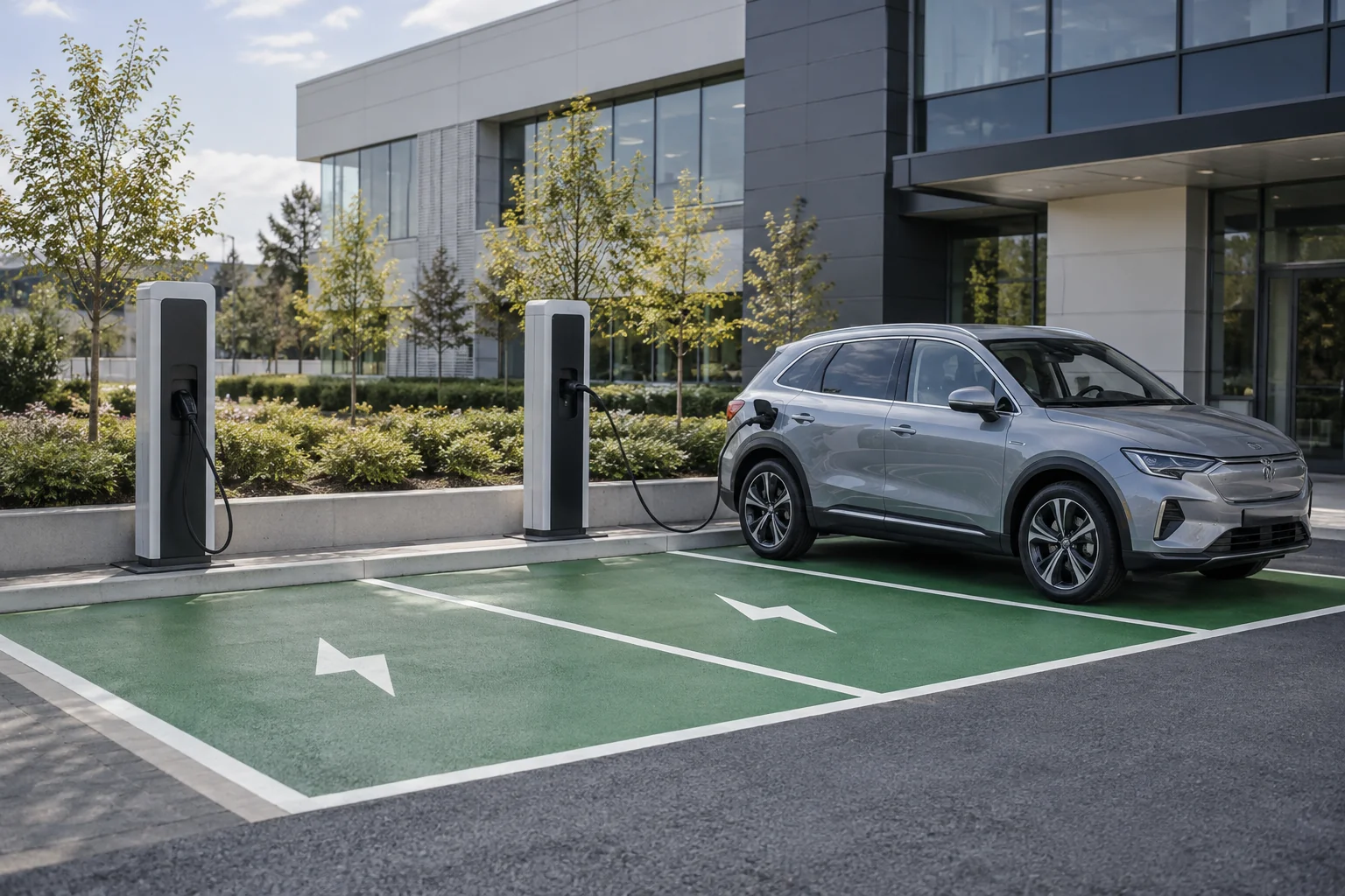 Yeşil park cepleri, beyaz işaretler ve şarj üniteleri bulunan elektrikli araç alanı