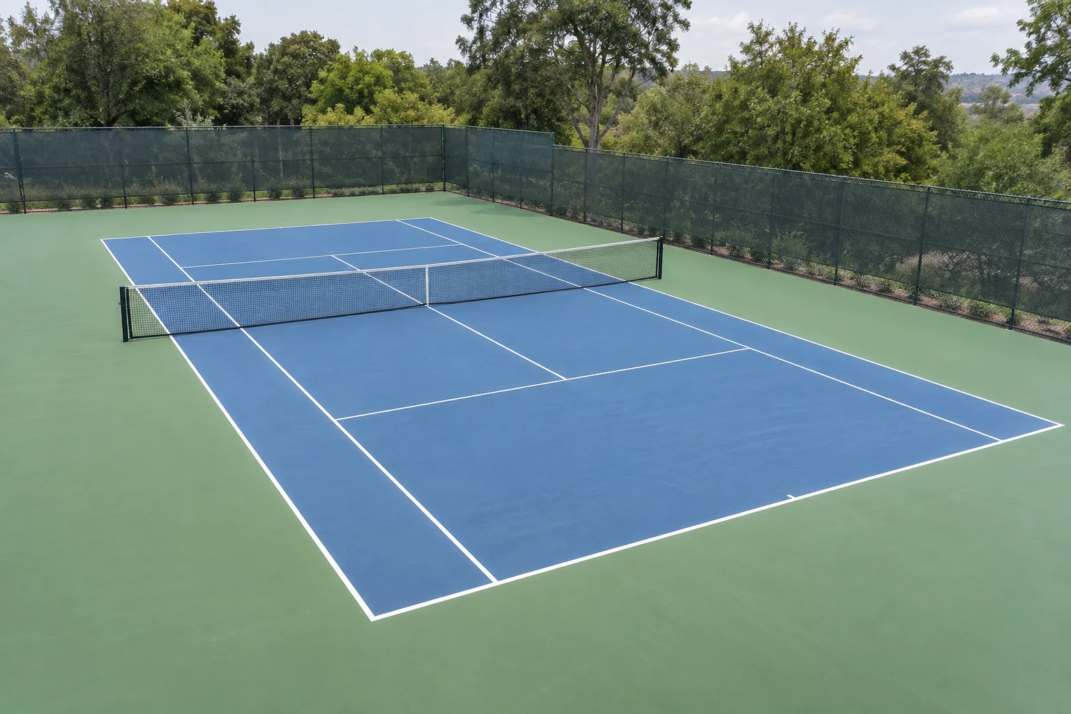 Mavi oyun alanı, yeşil çevresi ve belirgin beyaz çizgileri bulunan açık tenis kortu